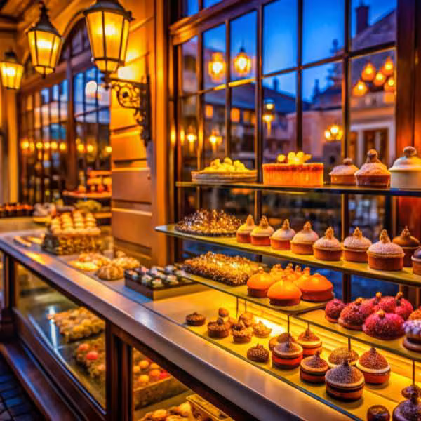 Illustration of a warmly lit bakery window displaying cakes and pastries