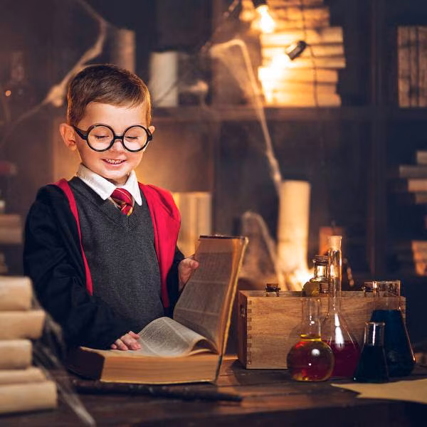 Child in a wizard costume reading a book beside potion bottles