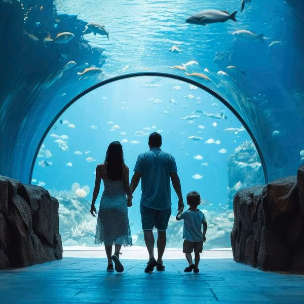 family walking through aquarium, sea attractions near watersong resort orlando
