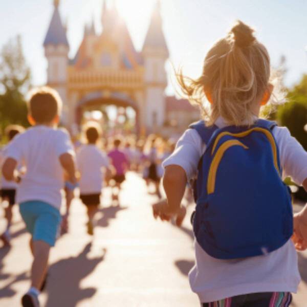 Family walking toward theme park entrance near Orlando Florida, close to Watersong Resort