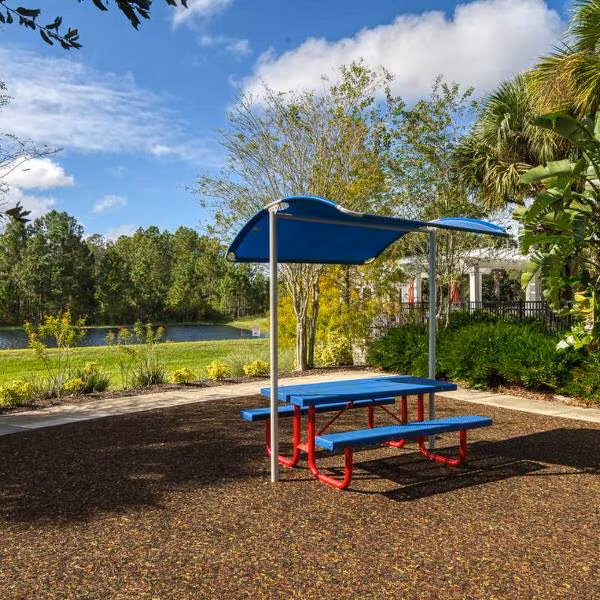 Shaded picnic area at Watersong Resort in Davenport Florida with outdoor seating and lake views