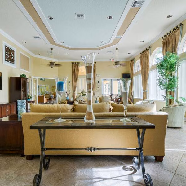 Console table and seating area inside the Watersong clubhouse lounge