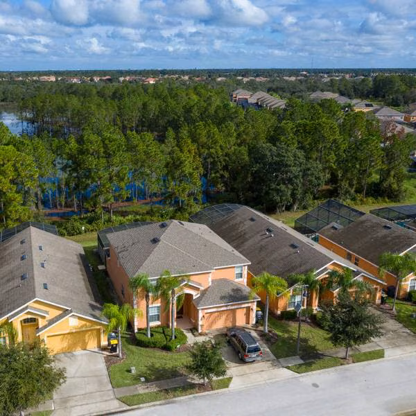 Aerial view of Watersong vacation homes backing onto woodland